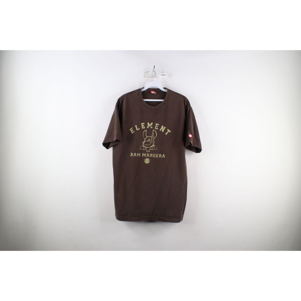 Vtg Element Skateboards Mens Large Faded Spell Out Bam Margera Bat TShirt Brown
